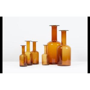 Set Of Six “gulvvase” Bottles By Otto Brauer For Kastrup Holmegaard