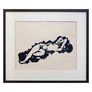 Linocut "reclining Nude" By Maurice Van Saene 