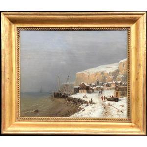 De Bergue Tony François French School 19th Snowy Normandy Coast Oil Signed Certificat