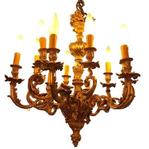 Rocaille Chandelier Louis XV Style Napoleon III Suspension 19th Century Gilt Bronze 12 Lights