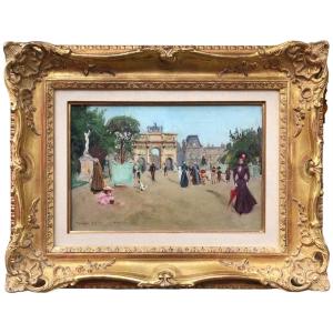 Stein Georges Paris Animation At The Arc De Triomphe From The Carrousel Du Louvre Oil On Canvas Signed