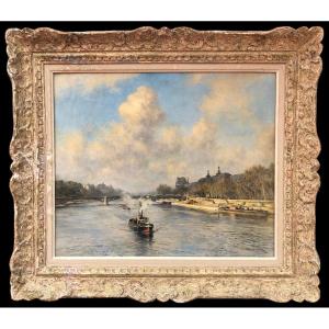 Vollon Alexis Painting Early 20th Paris Tugboat On The Seine Oil Signed Certificate