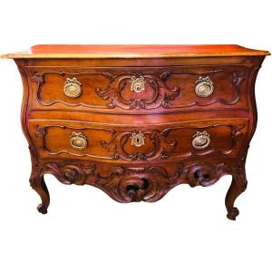 18th Provençal Nîmoise Commode In Walnut Carved With Rocailles Volutes Opening With Two Drawers