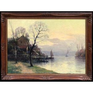 Henocque Narcisse Painting 20th Century The Banks Of The Seine In Rouen Oil Canvas Signed Certificate