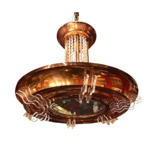 Art Deco Chandelier In Copper Metal Pendants 6 Lights 1950s