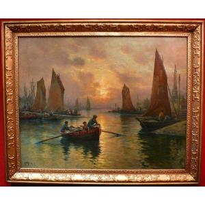 Maroniez Georges French Painting End Of 19th Century Return Of The Fishermen Oil Canvas Signed Certificate