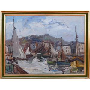 Herbo Fernand French Painting 20th Century Normandy Honfleur Its Port Oil Canvas Signed Certificate