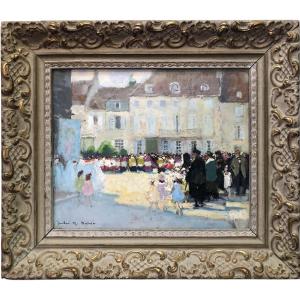 Herve Jules Langres Leaving Mass August 15 Place St Martin Oil Strong Cardboard Signed Certificate