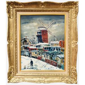 Maclet Elisée French Painting 20th Paris Montmartre Moulin De La Galette Under The Snow Oil Si