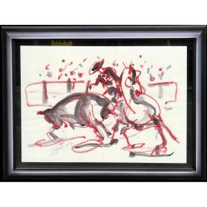 Texier French Painting Bullfighting Scene Mixed Media Signed And Dated