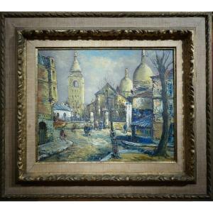 Besse Raymond French Painting 20th Paris Montmartre Place Du Tertre Oil Canvas Signed Certificate