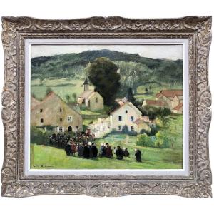 Herve Jules French Painting 20th Langres Procession At Brevoines Oil Canvas Signed Certificate