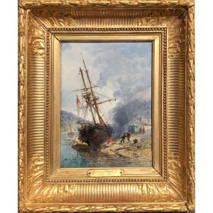 Noel Jules French School 19th Sailboat In The Hold 1872 Oil Panel Signed Certificate Of Authenticity