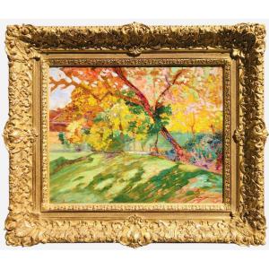 Charreton Victor French School 20th Century Sunny Landscape Oil On Panel Signed