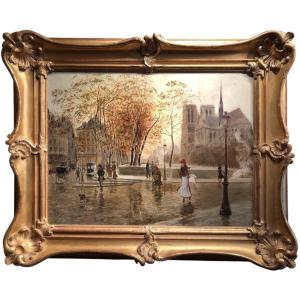 Stein Georges Paris Animation At Notre Dame From The Quays Oil On Canvas Signed Certificate