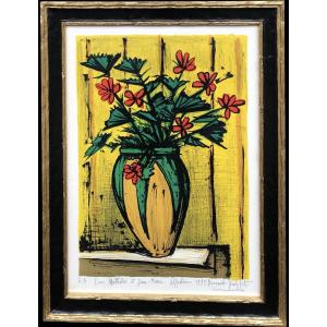 Buffet Bernard Bouquet Flowers In Potiche Lithograph Colors Signed Certificate Of Authenticity