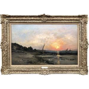 Daubigny Karl Sunset By The Sea Oil On Canvas Signed Date And Dedicated Certificateauthenticity