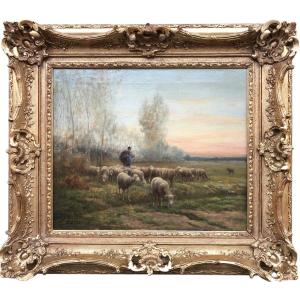 Chaigneau Jf Return Of The Shepherd And His Flock Sunset Oil On Canvas, Signed Certificate