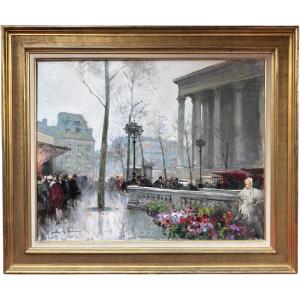 Herve Jules French Painting 20th Century Paris Animation At La Madeleine Oil On Canvas Signed Certificate