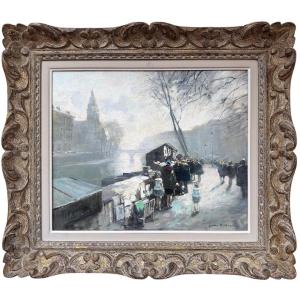 Herve Jules French Painting 20th Century Paris The Seine And Its Booksellers Oil On Canvas Signed Certificate