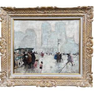 Herve Jules Impressionist Painting 20th Century Paris Booksellers In Front Of Notre Dame Oil On Canvas Signed