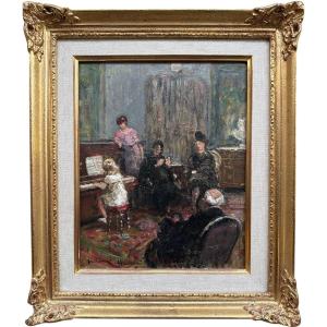 Herve Jules Impressionist Painting 20th Century The Recital Oil Signed Certificate Authenticity