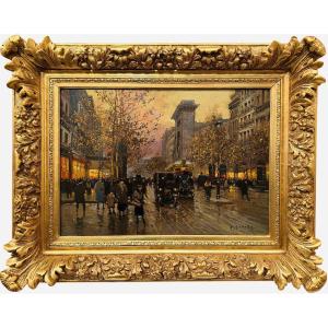 Edouard Cortés, Paris, Grands Boulevards, Porte St Denis At Dusk, Oil On Canvas, Signed, Certificate