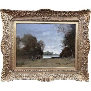 Trouillebert Paul Desire Painting 19th Century Barbizon School Washerwomen Riverside Oil Certificate