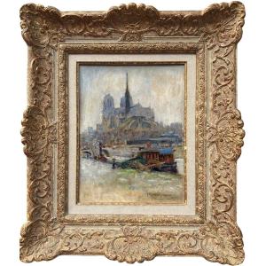 Francis Morton-johnson, Paris, Notre-dame, Seen From The Quays Of The Seine, Oil On Cardboard, Signed, Certificate