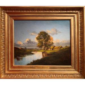 Dupre Jules Barbizon School 19th Century Thatched Cottages And Cows Drinking Oil Painting Signed Certificate