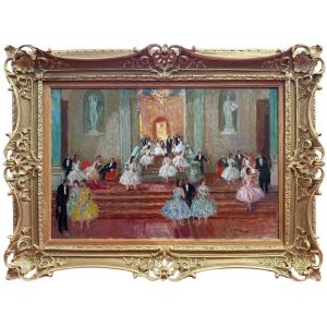Cosson Marcel Painting 20th Century Animation On The Grand Staircase Of The Opéra De Paris Oil Signed