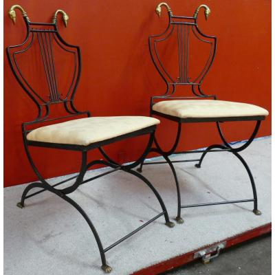 Pair Of Chairs Art Deco Bronze Folder Lyre