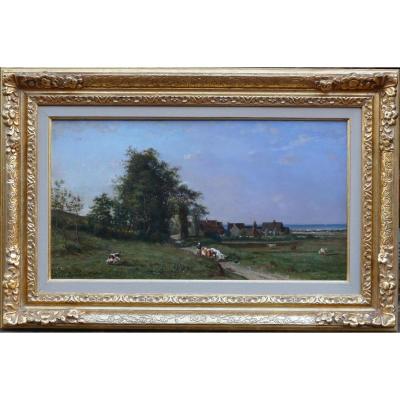 Guillemer Ernest French Painting XIXth Century Barbizon School Herd On The Way Oil Panel Signed