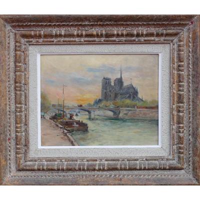 Madelain Gustave Impressionist Painting 19th Notre Dame Barges In Paris Oil Signed At The Back