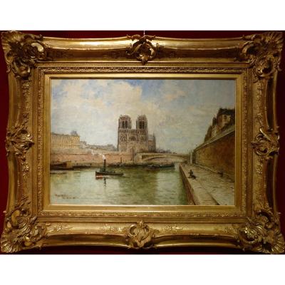 Frank Boggs American School 19th Paris Notre Dame And The Seine Oil On Canvas Signed Dated
