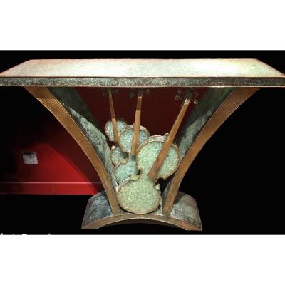 Console Three Violons Brass And Crushed Glass