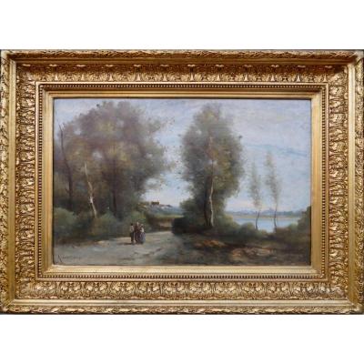 De Villers Adolphe French School Walk Along The River Oil On Canvas Signed
