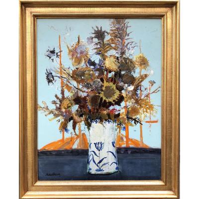 Michel Henry Painting 20th Bouquet Of Thistles From Spain 1959 Oil On Canvas Signed