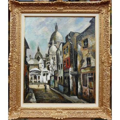 Dumont Pierre Painting 20th Paris Montmartre Sacre Coeur Chevalier Street Oil Signed