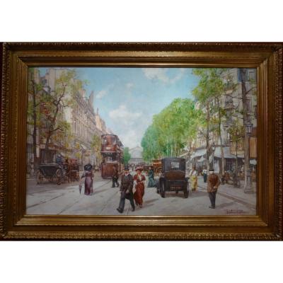 Leon Zeytline Russian School 20th Century Paris Tramway, Carriages And Automobiles Oil Signed