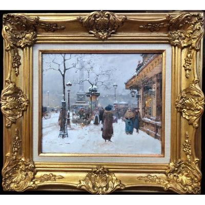 Galien Laloue Eugène Paintin Early 20th Century Paris Animation Place Bastille Gouache Signed