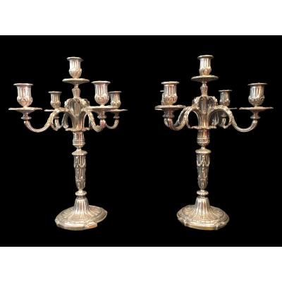 Pair Of Candelabra With Five Lights In Chiseled And Silver Bronze Decorated With Rudentated Fluting