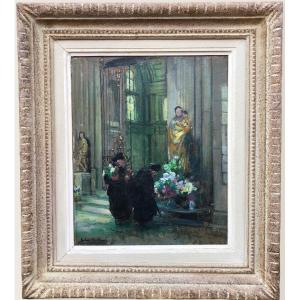 Herve Jules René Impressionist Painting XXth The Bigotes At The Church In Langres Oil On Panel