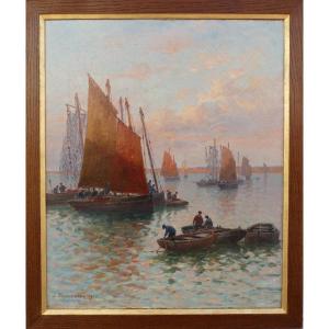 Timmermans Louis French School 19th Marine Barques Sardinières Oil On Canvas Signed Dated