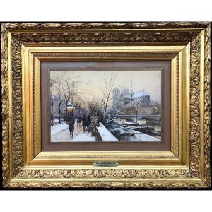 Galien Laloue Eugène Painting 20th Century Paris Booksellers In Front Of Notre Dame Gouache Signed