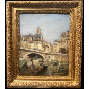 Lepine Stanislas Paris, The Louis Philippe Bridge 1878 Oil On Canvas Signed Catalog Raisonné