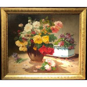 Cauchoix Eugène Bunch Of Roses And Its Planter Oil On Canvas Signed ​​​​​​​certificat 