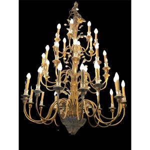 Chandelier In Metal And Gilded Sheet, Cups And Glass Leaves From The 70s