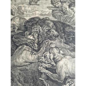 Engraving "bear Hunting" 1773 - Etching - Louis XV Period - By Flipart After Van Loo