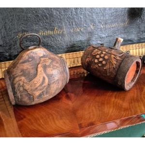 Pair Of Wooden Barrels Carved With Ships 19th Century
